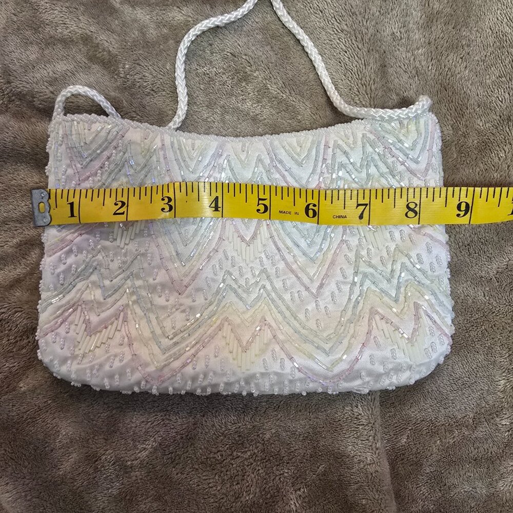 White Beaded Chevron Pattern Evening Purse With Satin Lining & Braided Strap - Picture 6 of 9